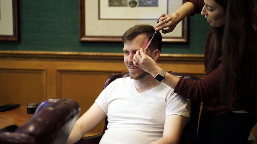 Bearpath Wedding Groom Gets Hair Trimmed