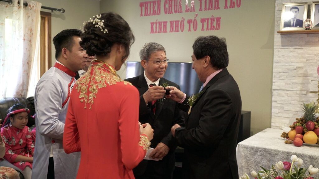 Vietnamese Weding Tea Ceremony Bride and Groom's families drink tea