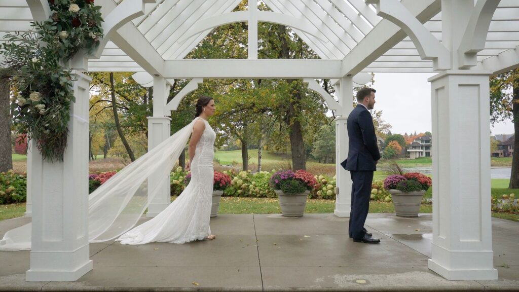 Bearpath Wedding Bride and Groom Share First Look in Ice Storm
