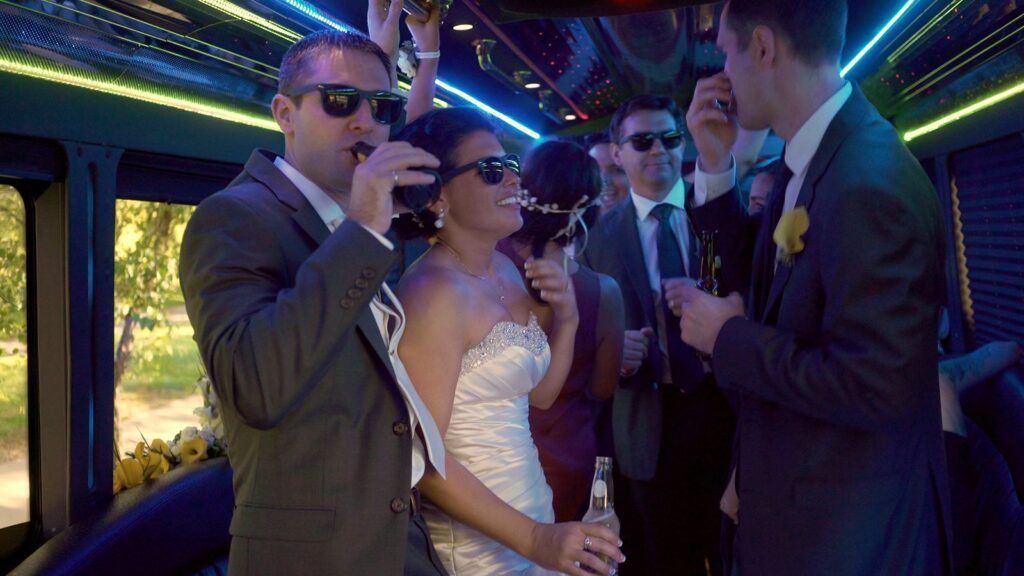 Minneapois Radisson Blu Wedding Bride and Groom Make their way to Downtown Minneapolis on bus