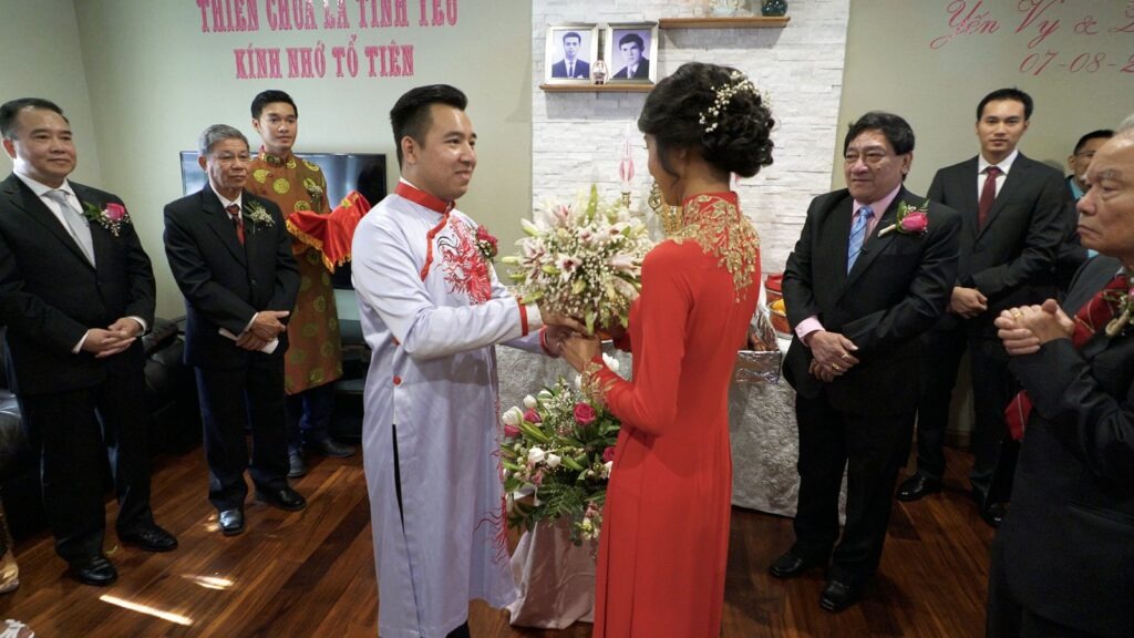 Bride and Groom Ao Dai Outfits. Tea ceremony. Vietnamese Wedding Videography Minneapolis, MN