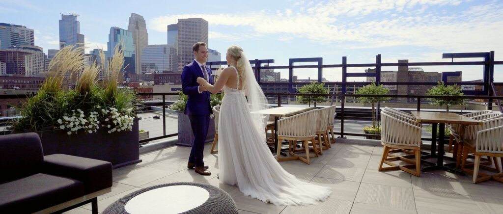 Bride and Groom at Best Minneapolis Location For a First Look Hewing Hotel