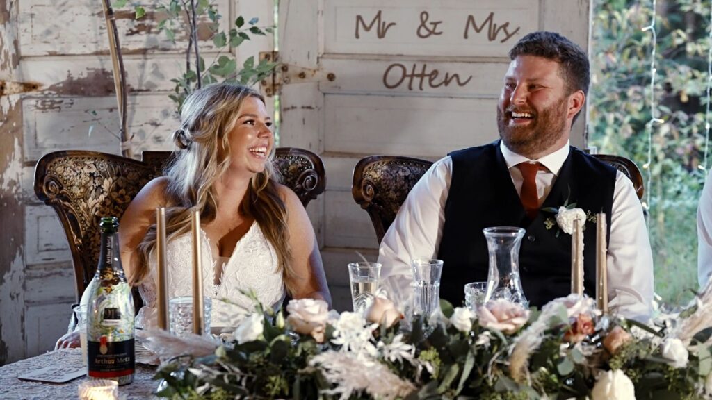 Bride and Groom React to toasts at Carpenter Nature Center Wedding
